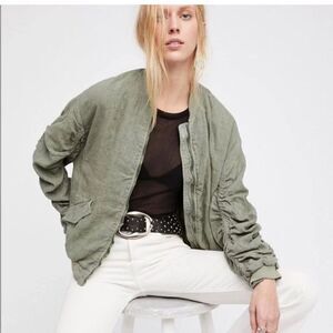 FREE PEOPLE Ruched Linen Bomber Jacket Green Size Medium